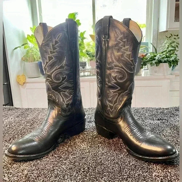 Vintage P’s by Ferrini Men’s Cowboy Boots Smooth Ostrich Black Leather SZ 9 D - Picture 3 of 10